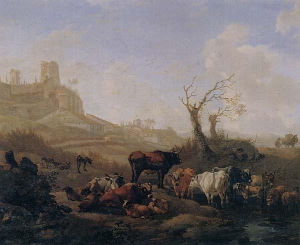 William Romeyn Cattle and sheep by a stream in a pasture,a town beyond oil painting image